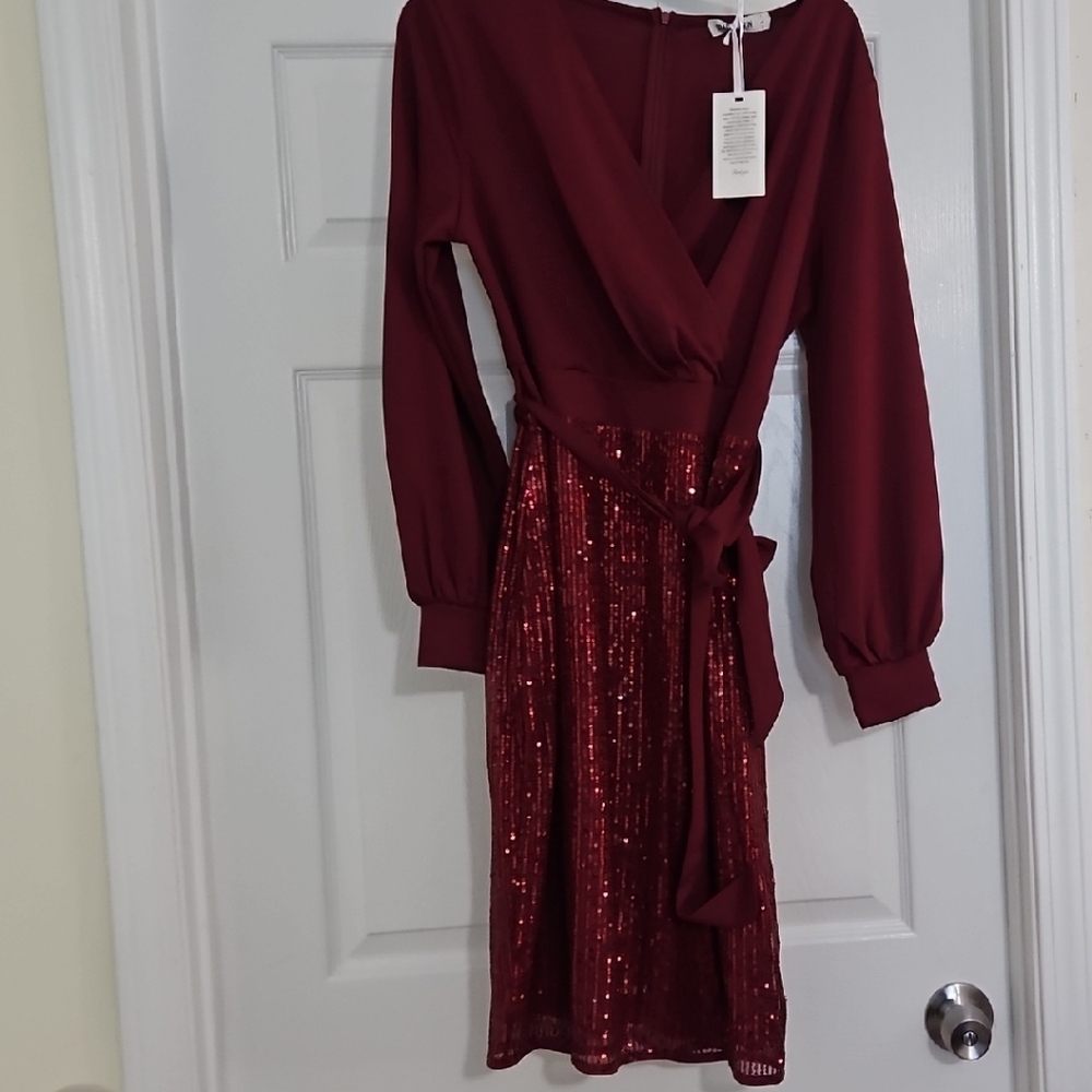 Grace Karin Red Cowl Neck Bishop Sleeve Dress
